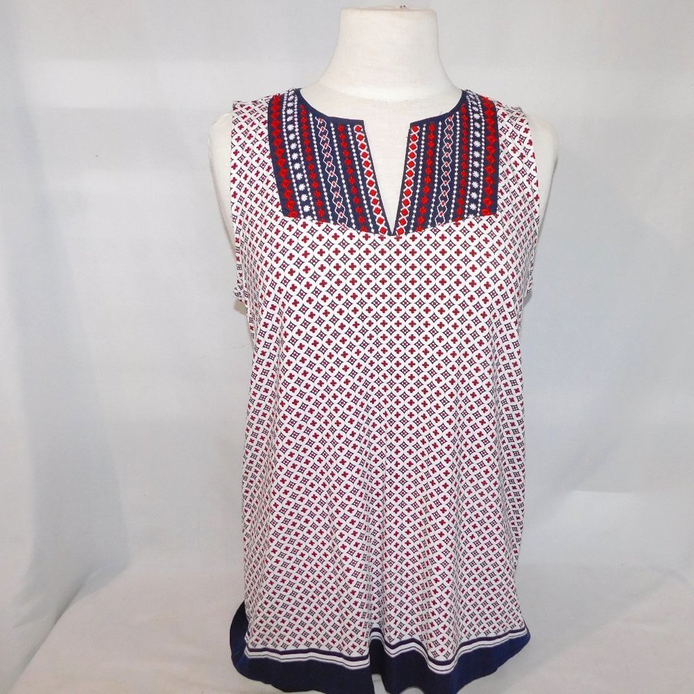 Dalia  Red White Blue Embroidered Neck Sleeveless Top Shirt Womens M